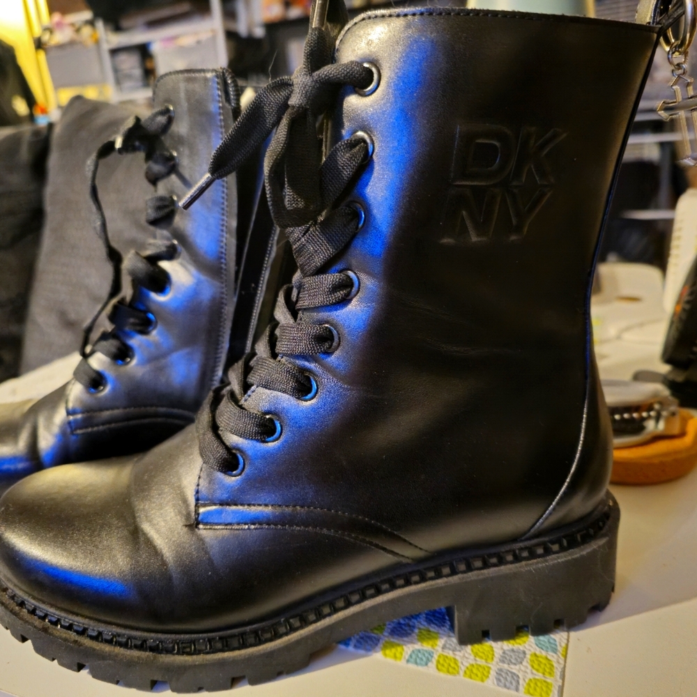 DKNY Women's Shiny Black Combat Boots